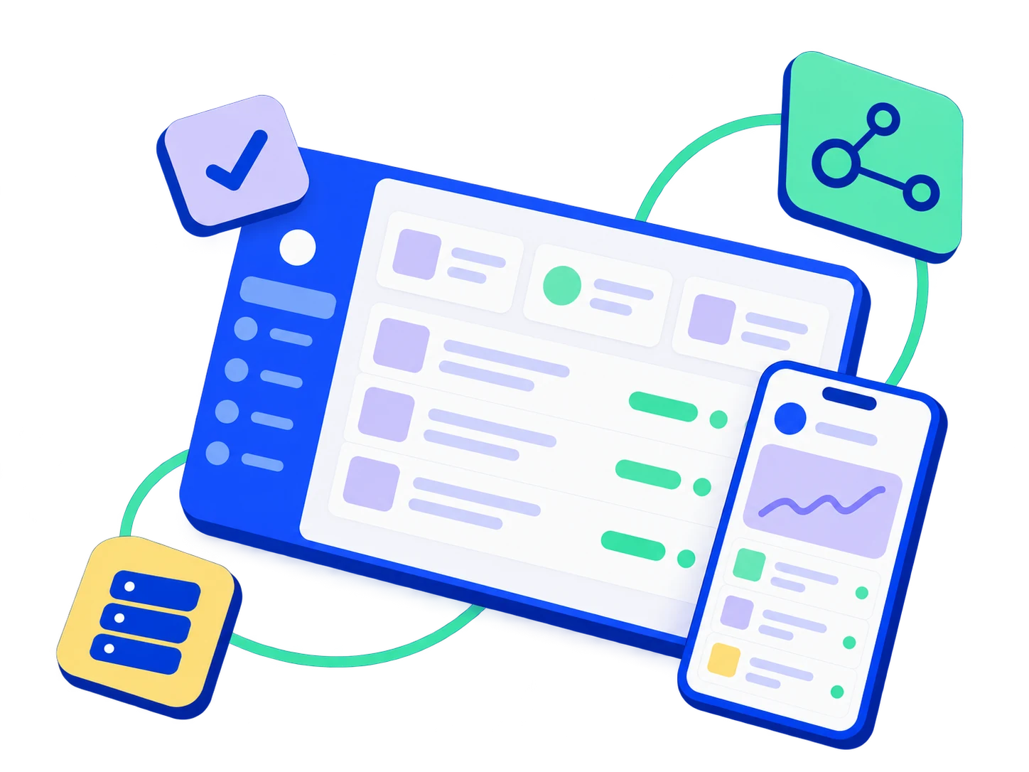 Colourful illustration of custom software, a mobile app and connected business IT