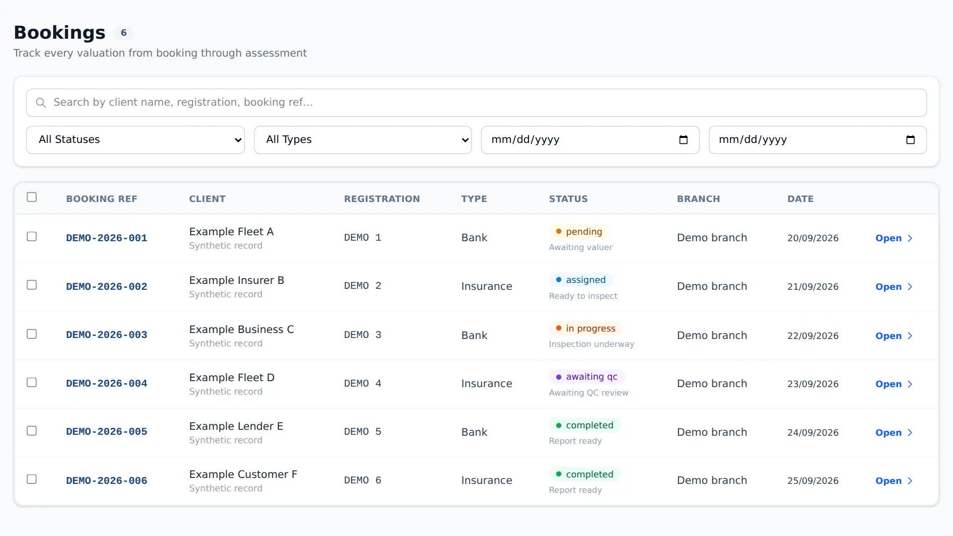 Fledge valuation bookings screen with fictional assignments